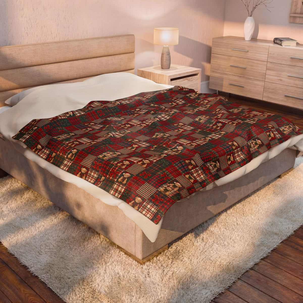 Plaid Teddy Patch Velveteen Plush Blanket — Cozy Christmas Cabin Throw
