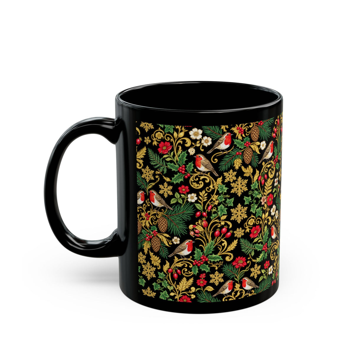 Festive Floral Robin Pattern Mug — Black Holiday Coffee Cup (11oz & 15oz)