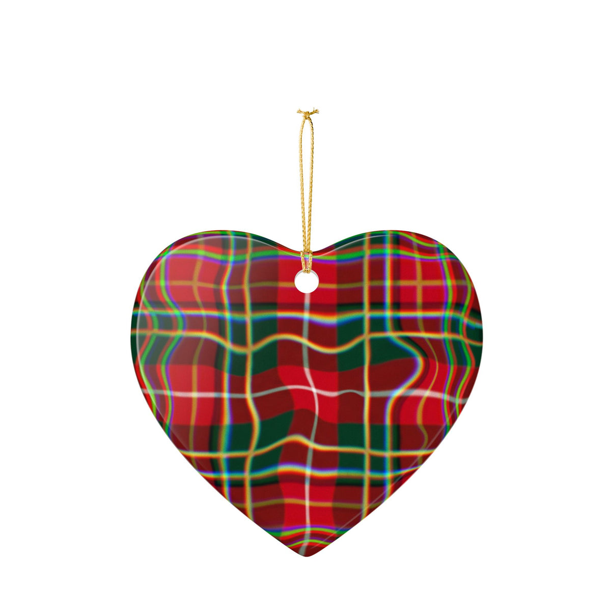 Red Tartan Heart Ceramic Ornament — Plaid Christmas Tree Decoration