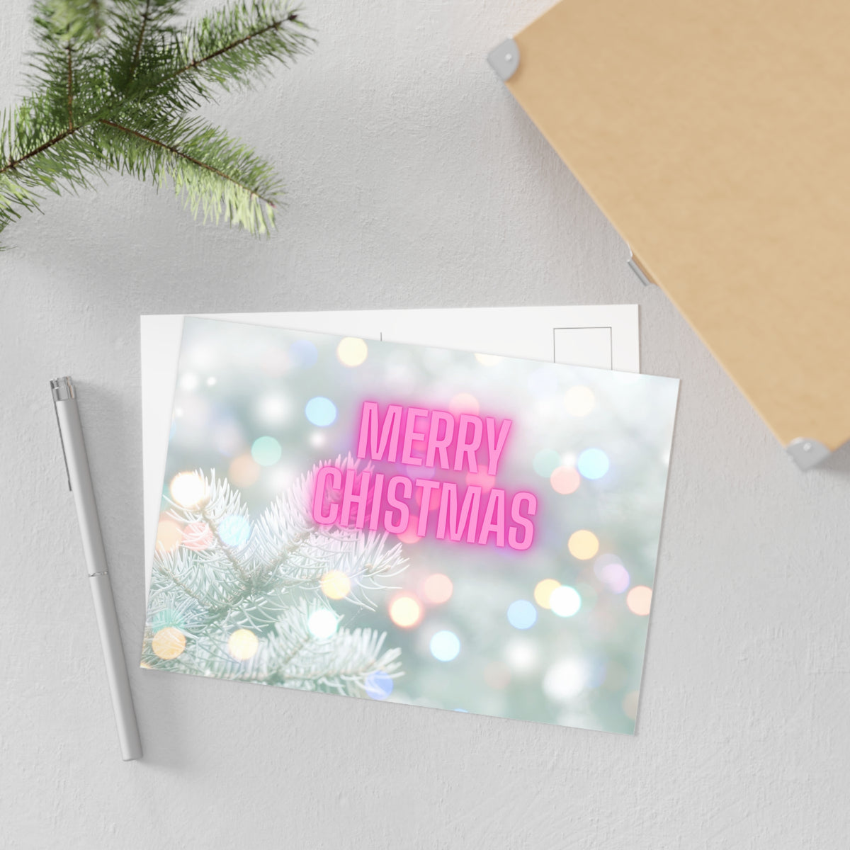 Merry Christmas Fine Art Postcard – Neon Holiday Bokeh Pine Design