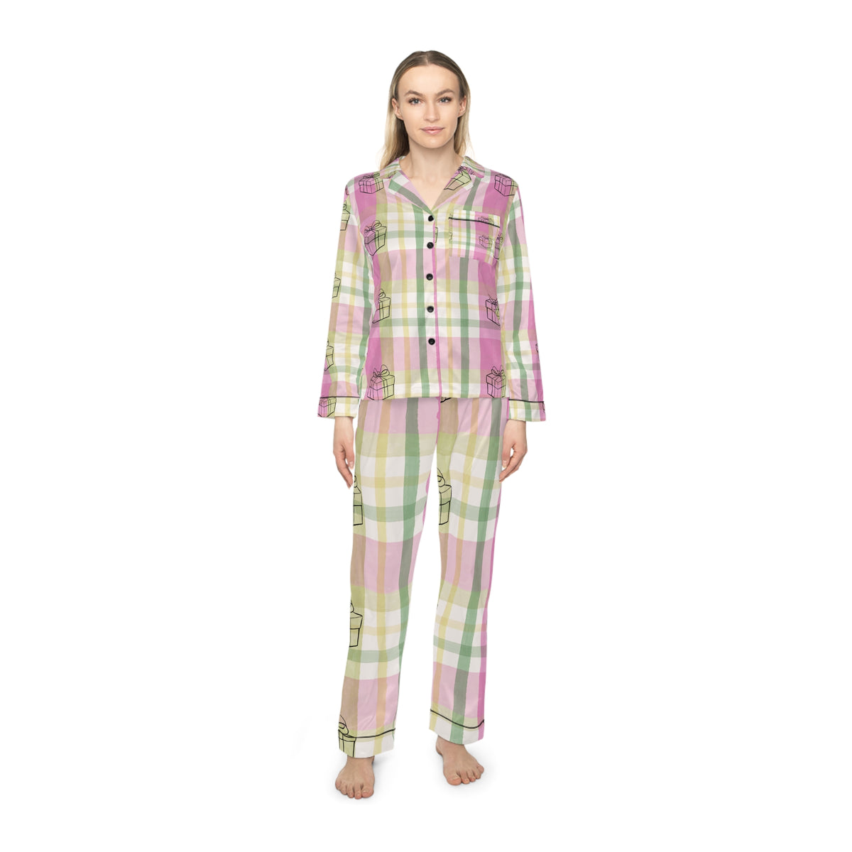 Satin Plaid Gift-Box Women's Pajama Set — Pink Pastel Lounge Sleepwear