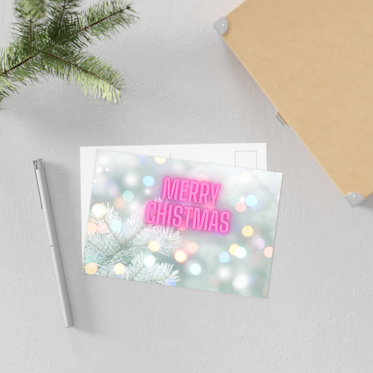 Merry Christmas Fine Art Postcard – Neon Holiday Bokeh Pine Design