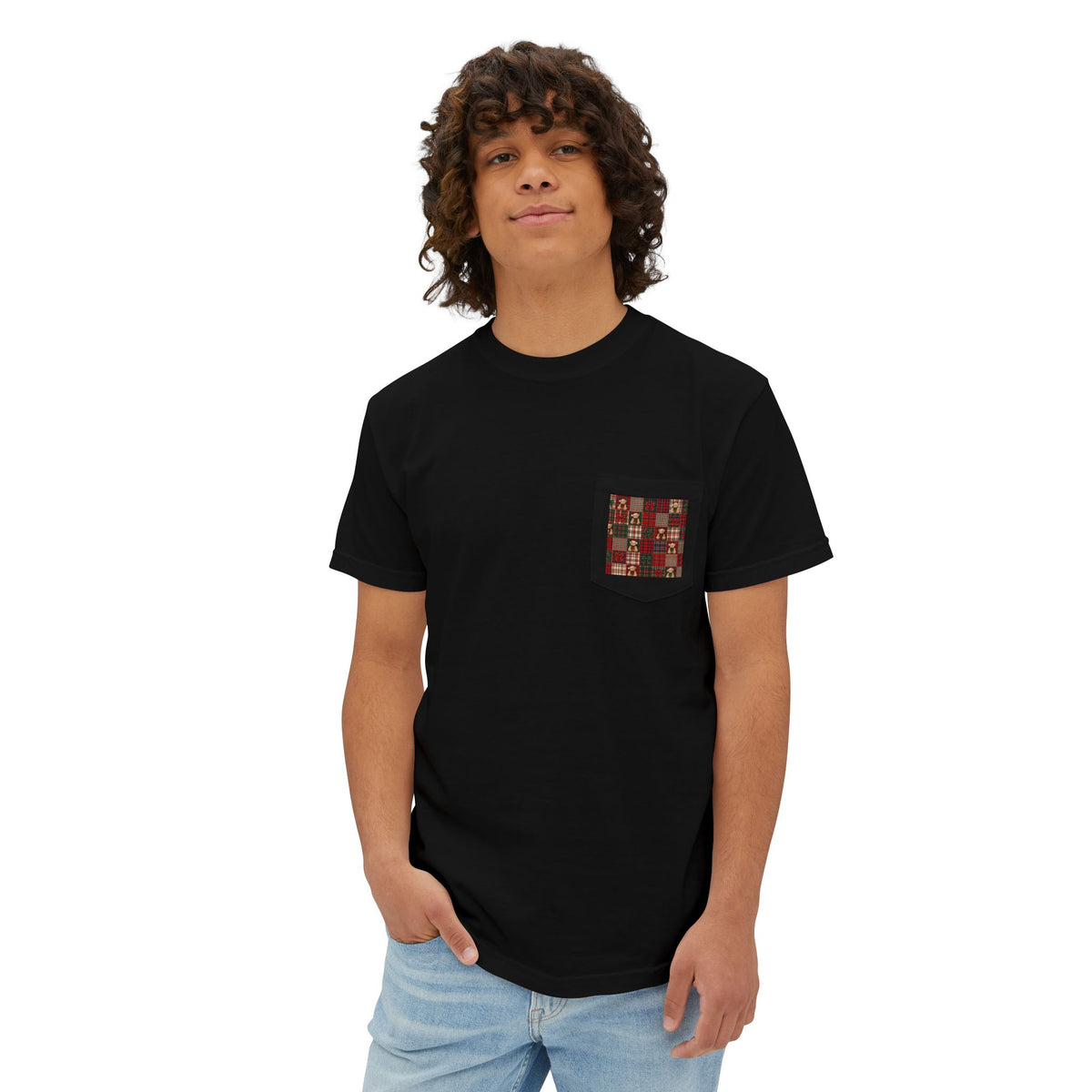 Pocket T-Shirt — Rustic Patchwork Pocket Tee (Earthy Boho Graphic) l