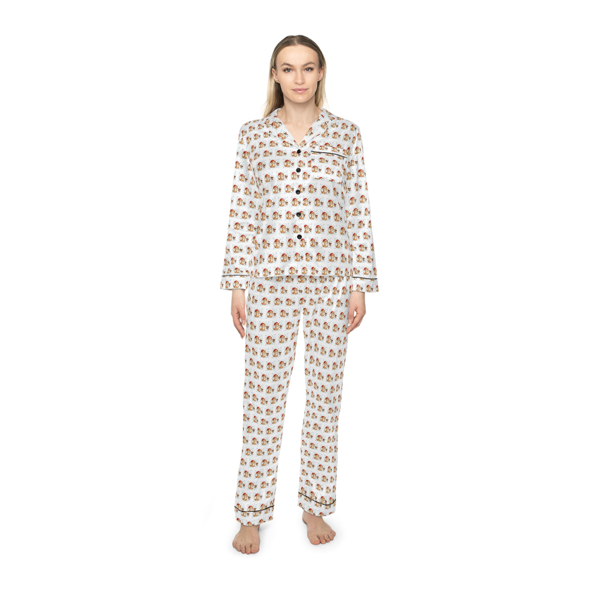 Satin Women’s Pajama Set – All-Over Cute Dog Print Sleepwear