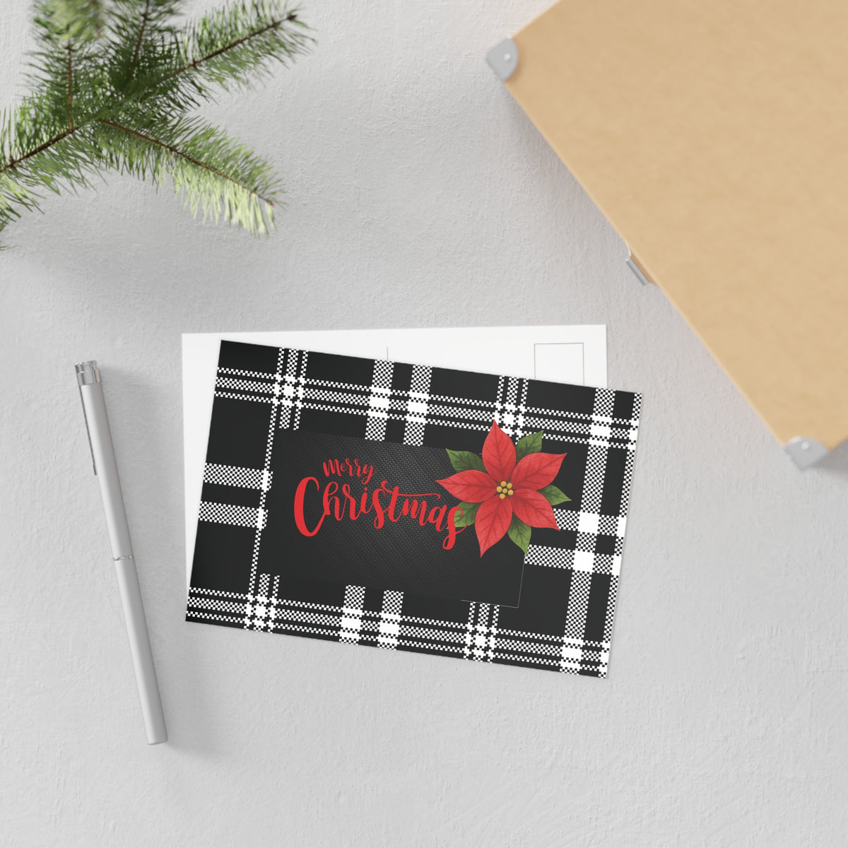 Christmas Poinsettia Plaid Postcard — Merry Christmas Holiday Greeting Card