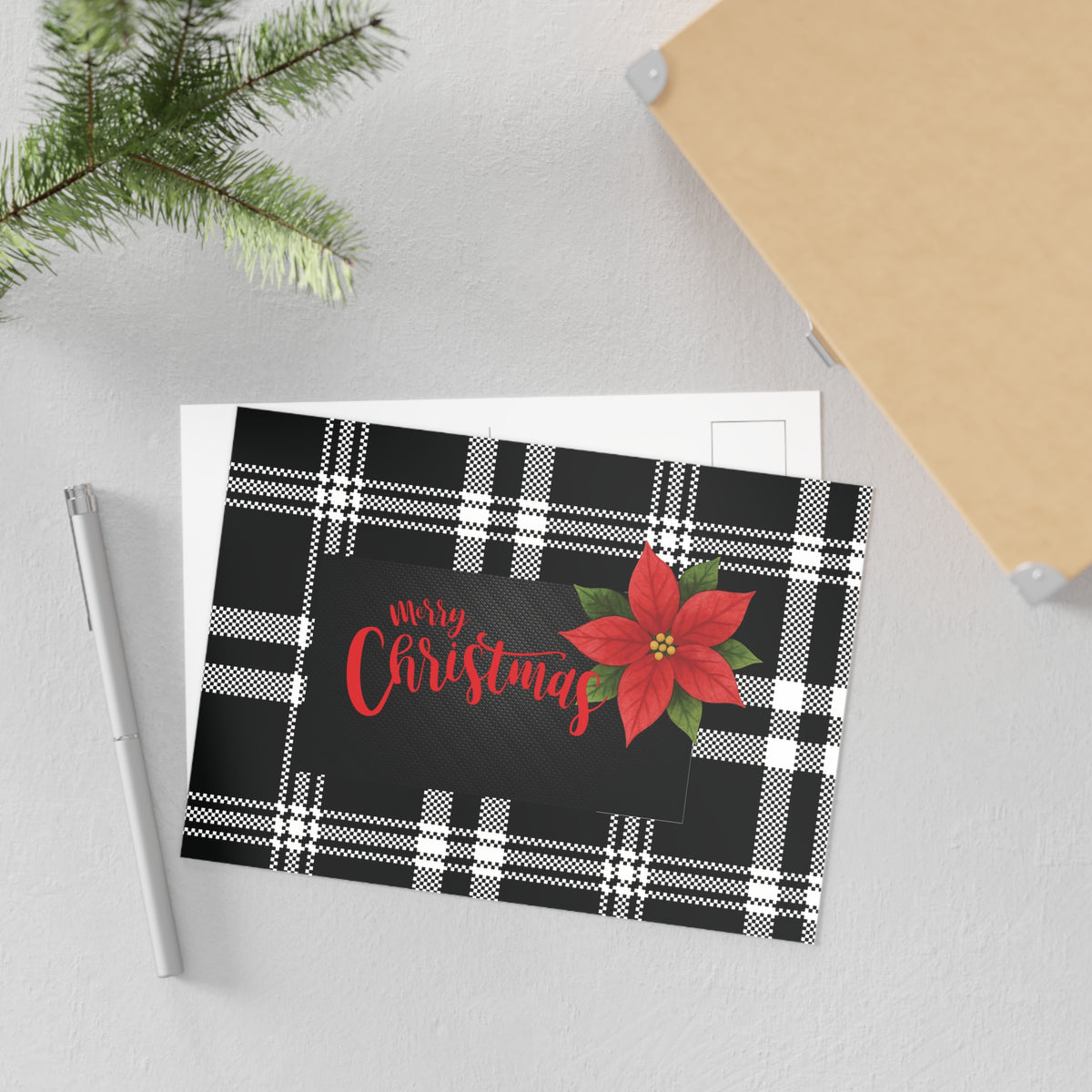 Christmas Poinsettia Plaid Postcard — Merry Christmas Holiday Greeting Card