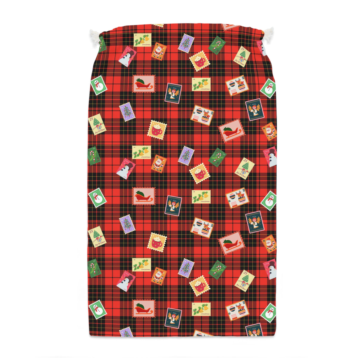 Christmas Gift Sack — Red Plaid Santa Postcard Drawstring Bag