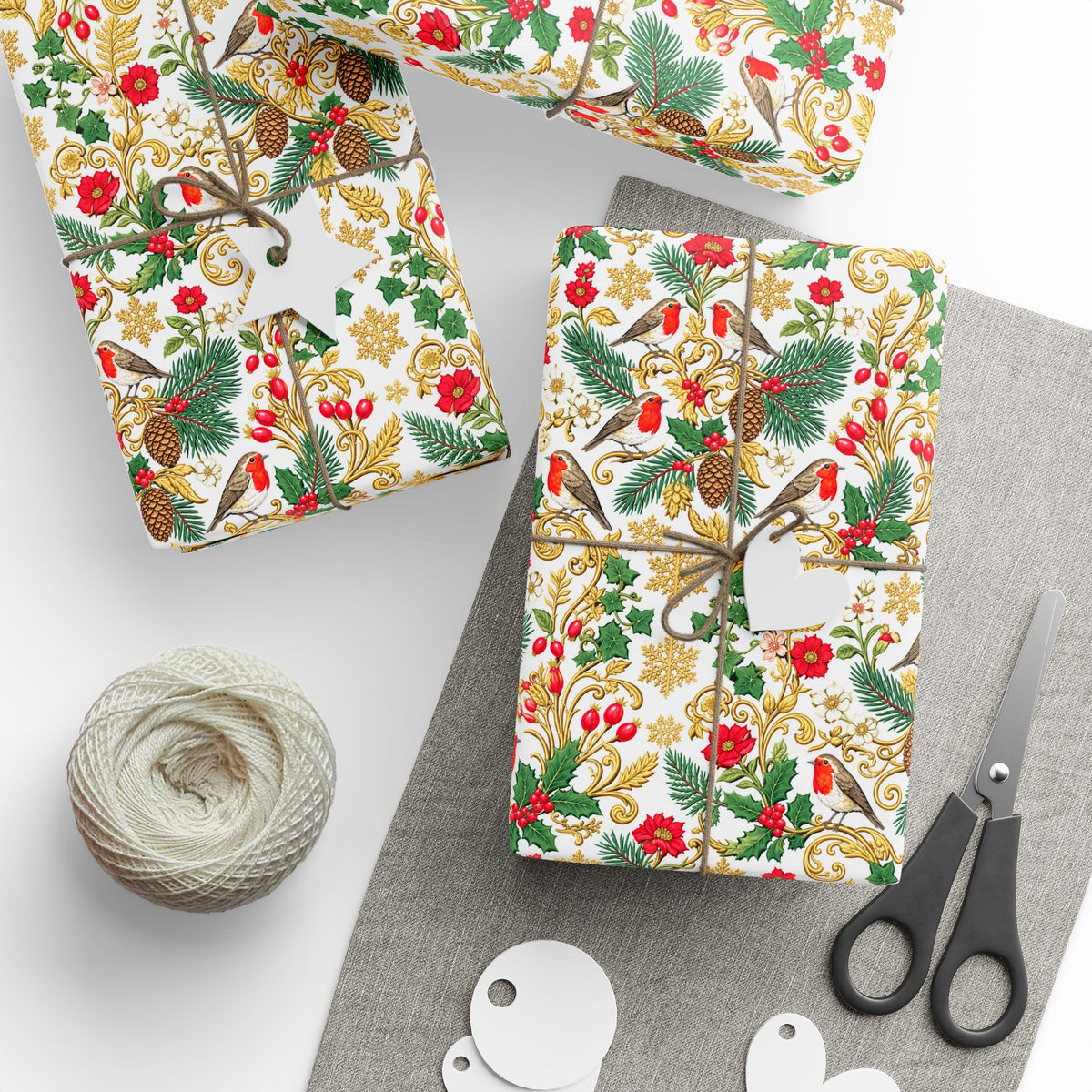 Christmas Robin & Holly Wrapping Paper Roll — Festive Bird Pattern Gift Wrap