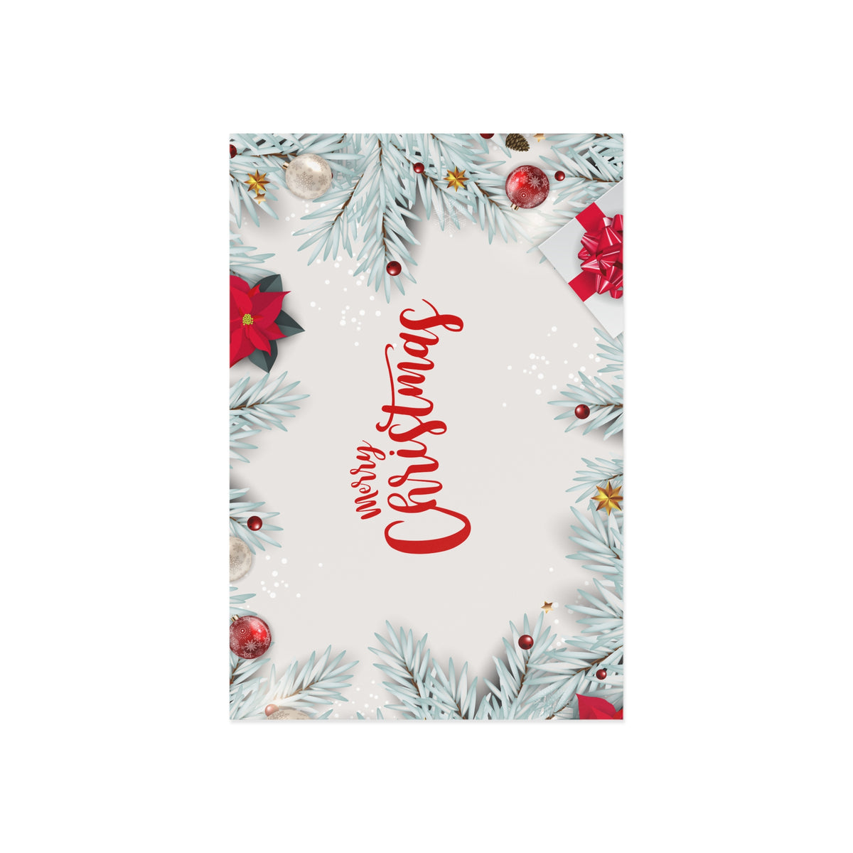 Merry Christmas Fine Art Postcard — Festive Poinsettia & Pine Holiday Card