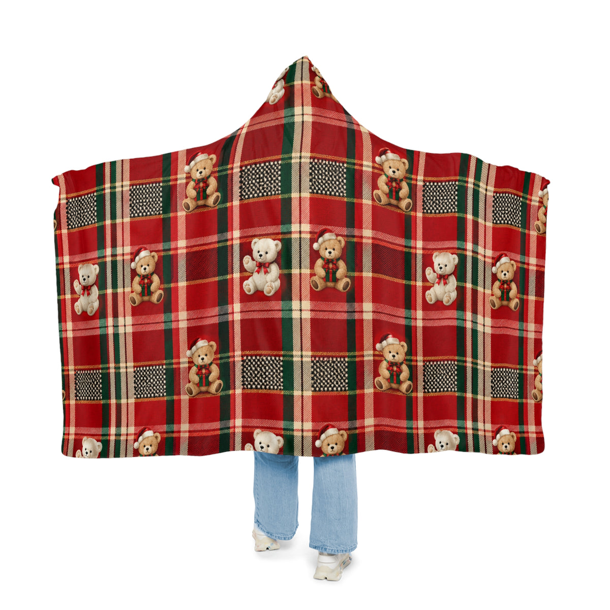 Holiday Plaid Teddy Bear Snuggle Blanket – Hooded Cozy Throw for Kids & Adults