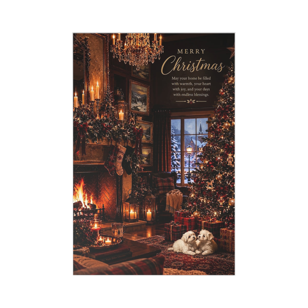 Christmas Postcards - Puppies at home with Cozy Fireplace & Tree Holiday Greeting Cards (7 Pack)
