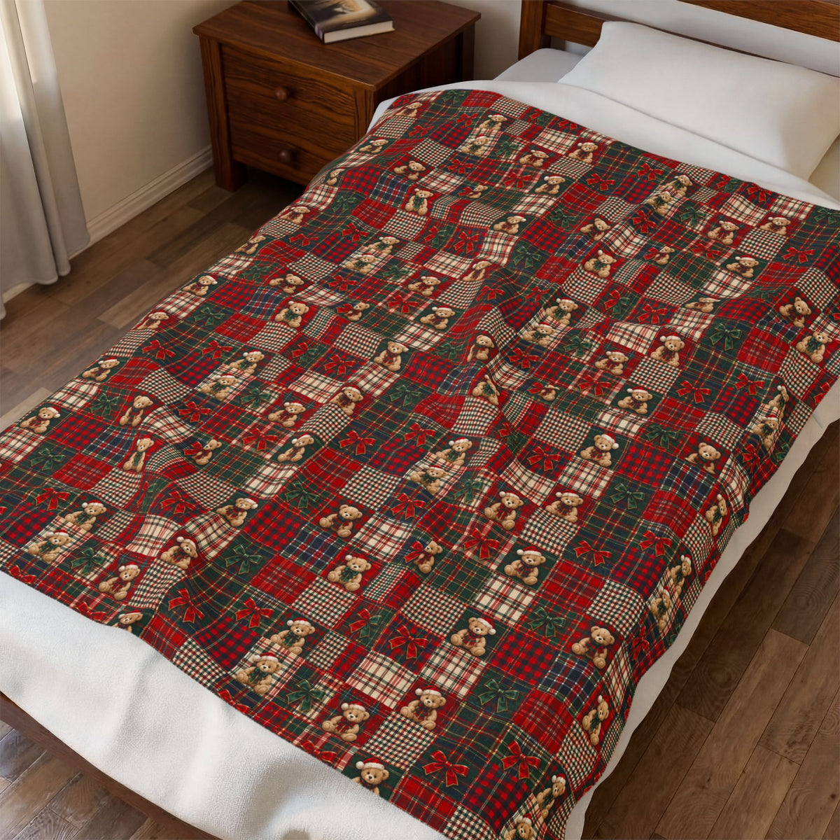 Plaid Teddy Patch Velveteen Plush Blanket — Cozy Christmas Cabin Throw