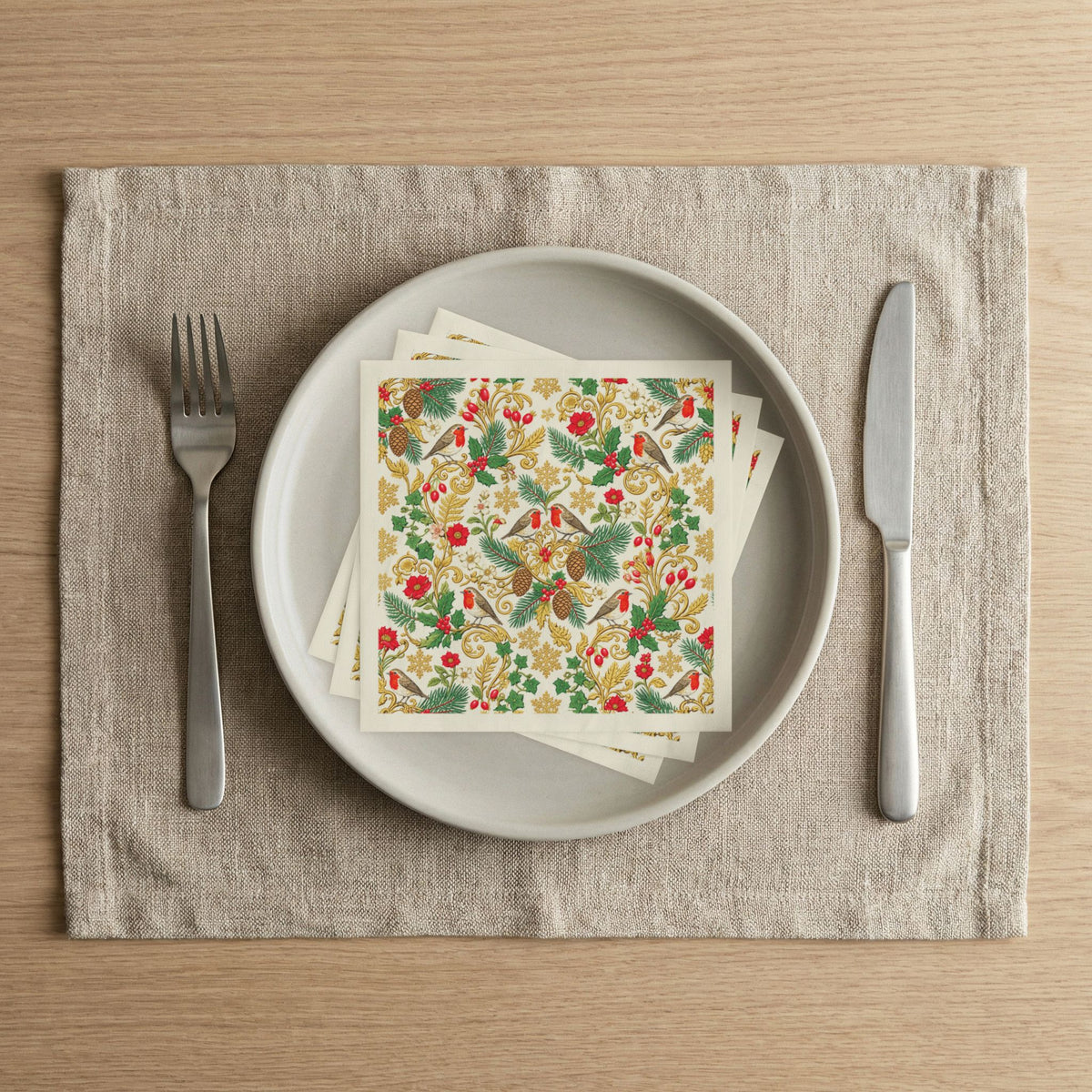 Holiday Robin Napkins — Festive Floral Christmas Cocktail Napkins