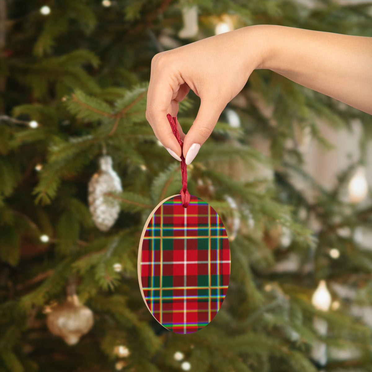 Plaid Bell Wooden Ornament — Classic Red & Green Christmas Decoration