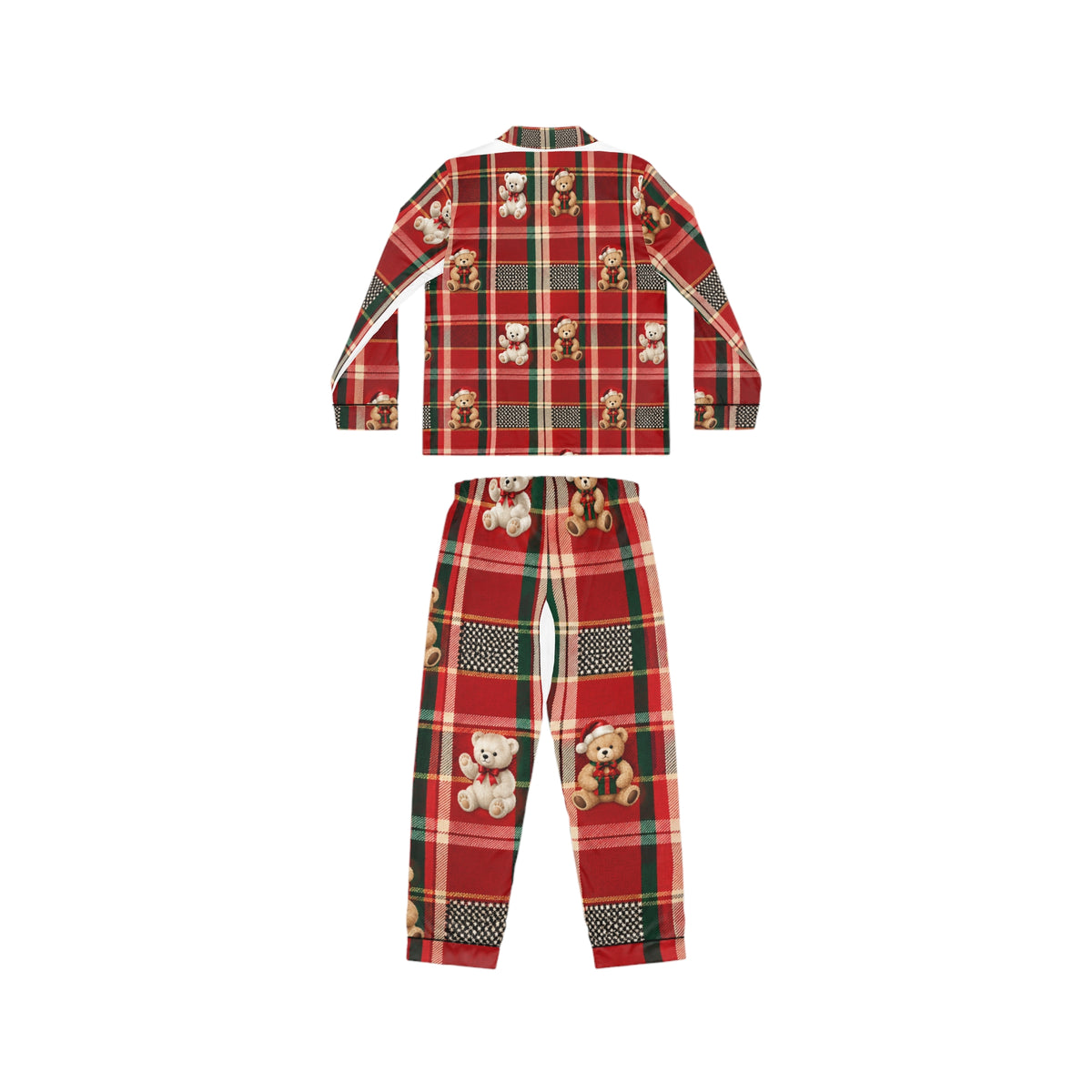 Women’s Satin Pajama Set — Red Plaid Teddy Bear Christmas Sleepwear