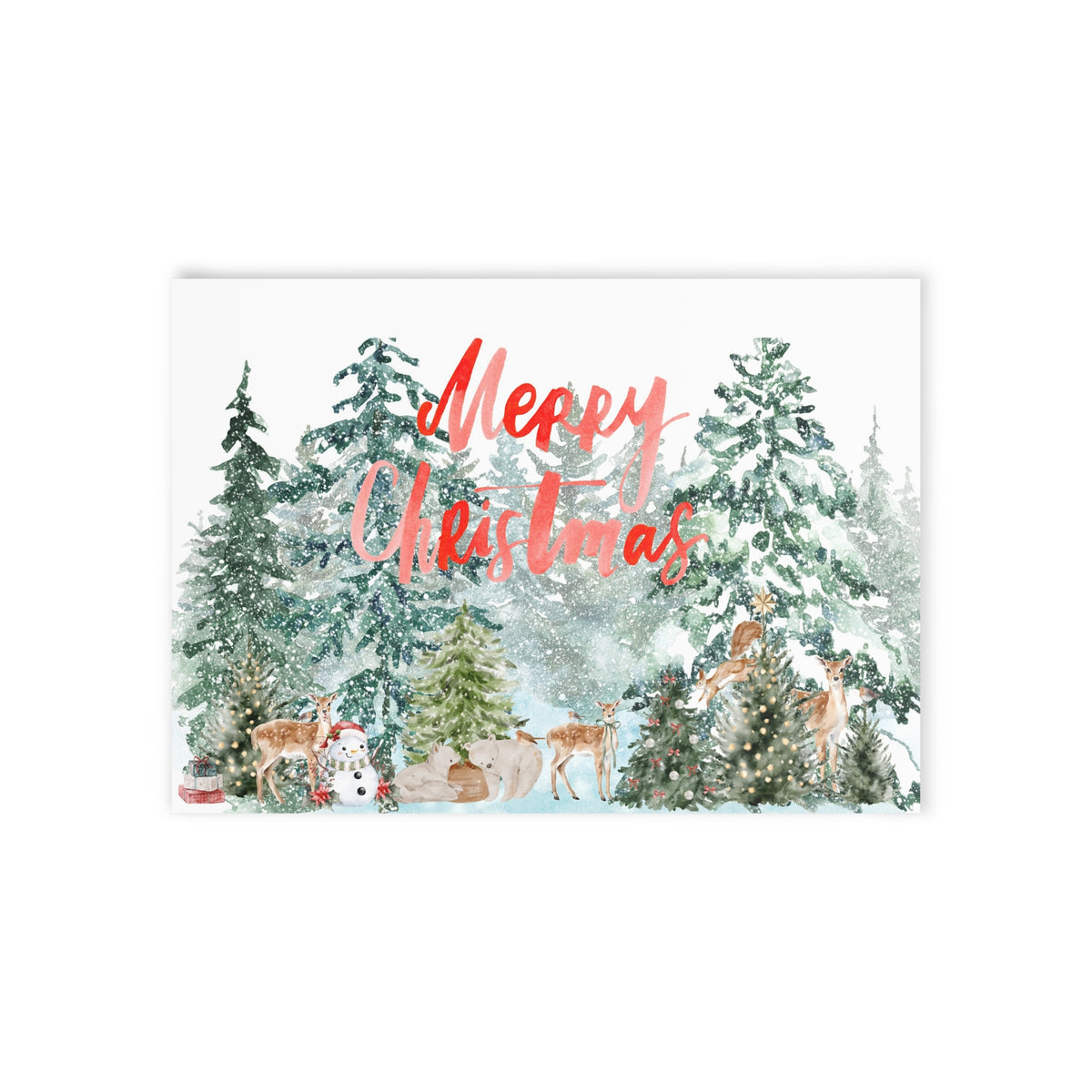 Merry Christmas Forest Scene Holiday Card — Watercolor Deer & Snow