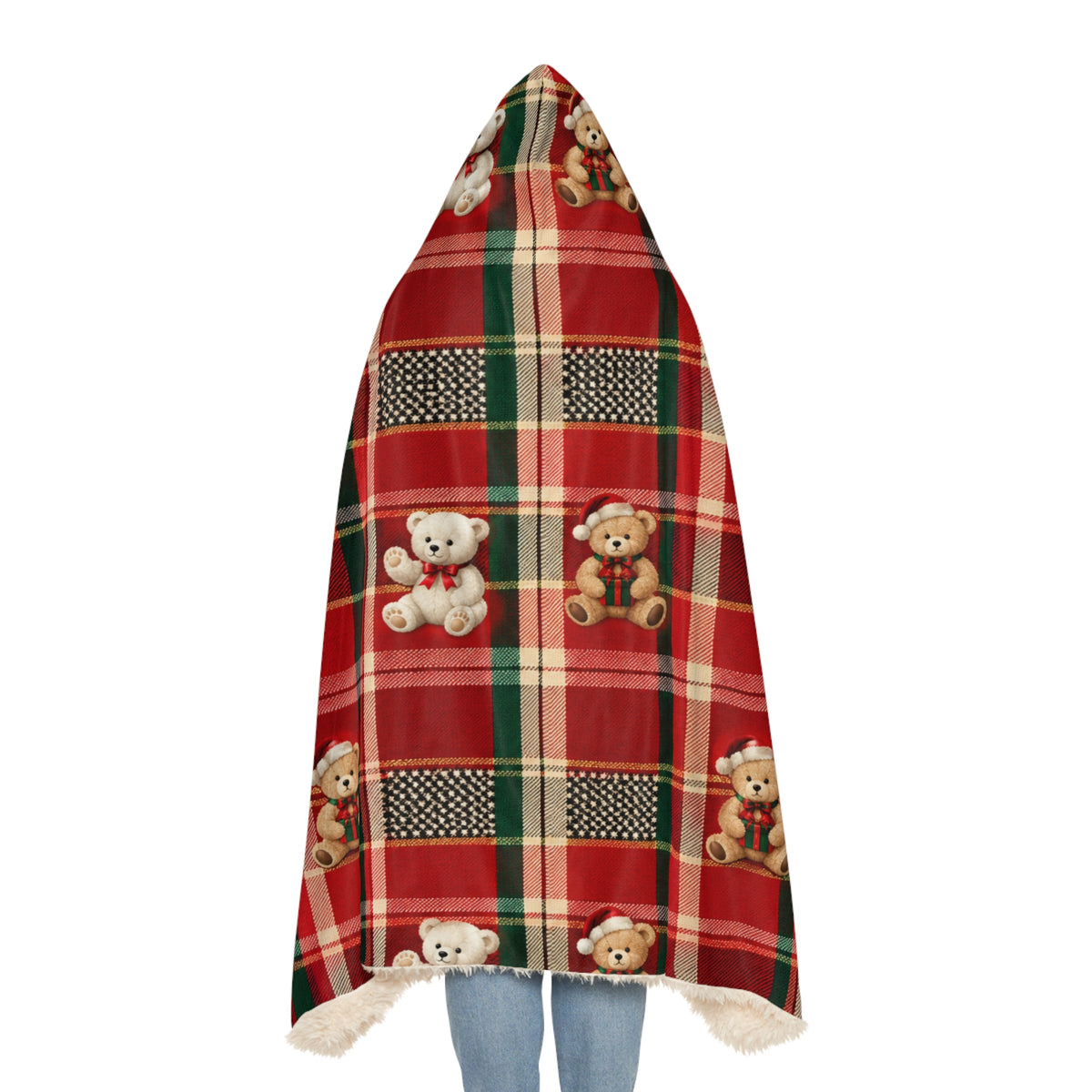 Holiday Plaid Teddy Bear Snuggle Blanket – Hooded Cozy Throw for Kids & Adults