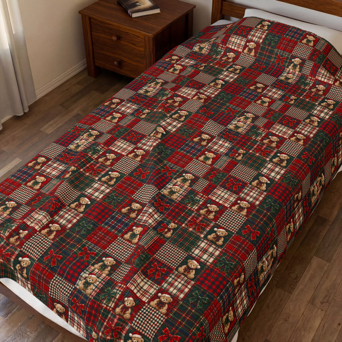 Plaid Teddy Patch Velveteen Plush Blanket — Cozy Christmas Cabin Throw