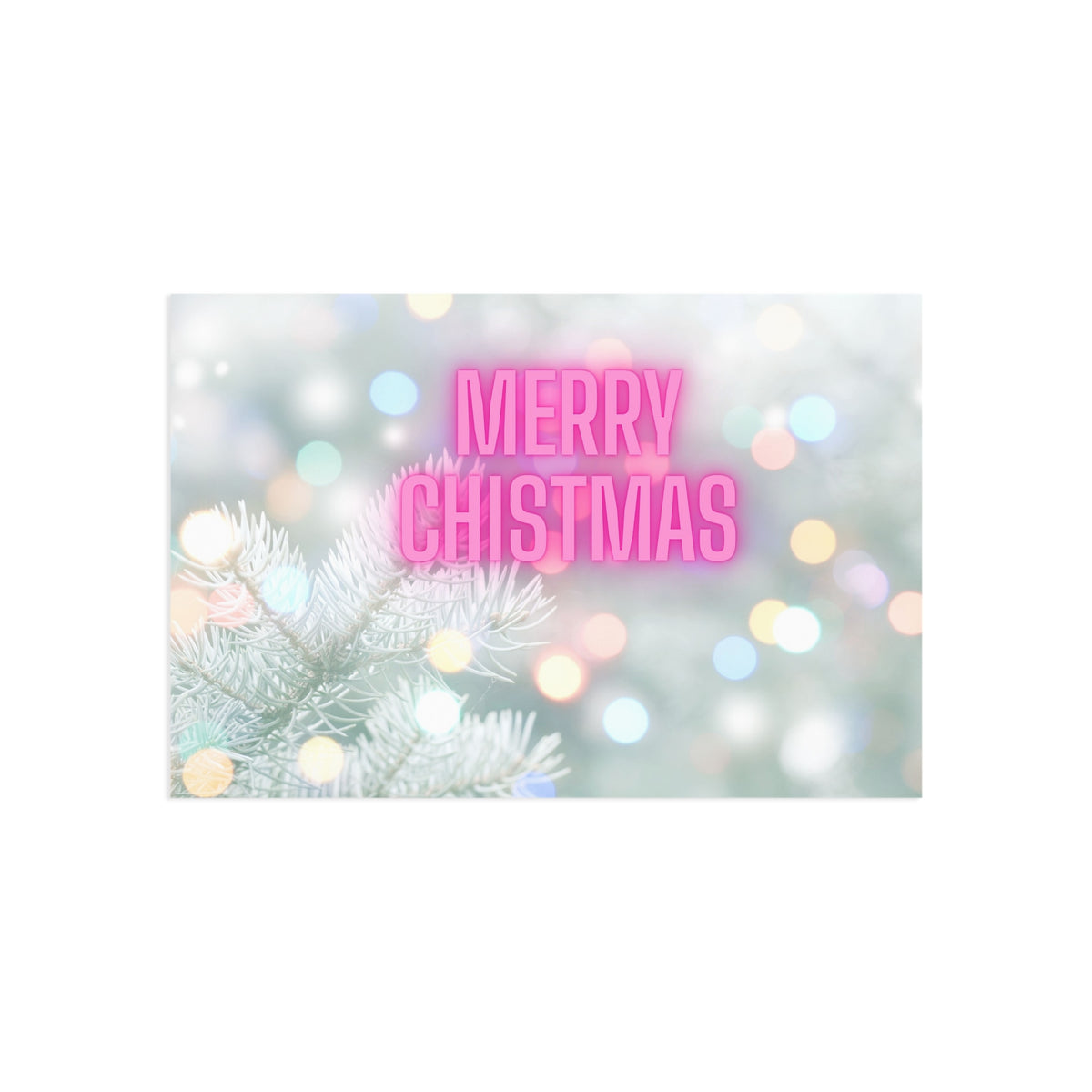 Merry Christmas Fine Art Postcard – Neon Holiday Bokeh Pine Design