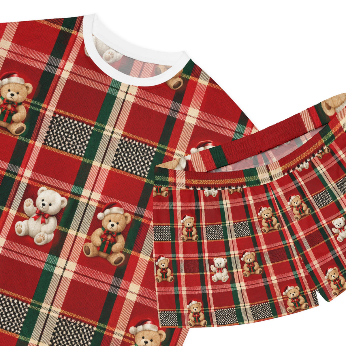 Women's Teddy Bear Plaid Pajama Set — Red Christmas Short Sleepwear