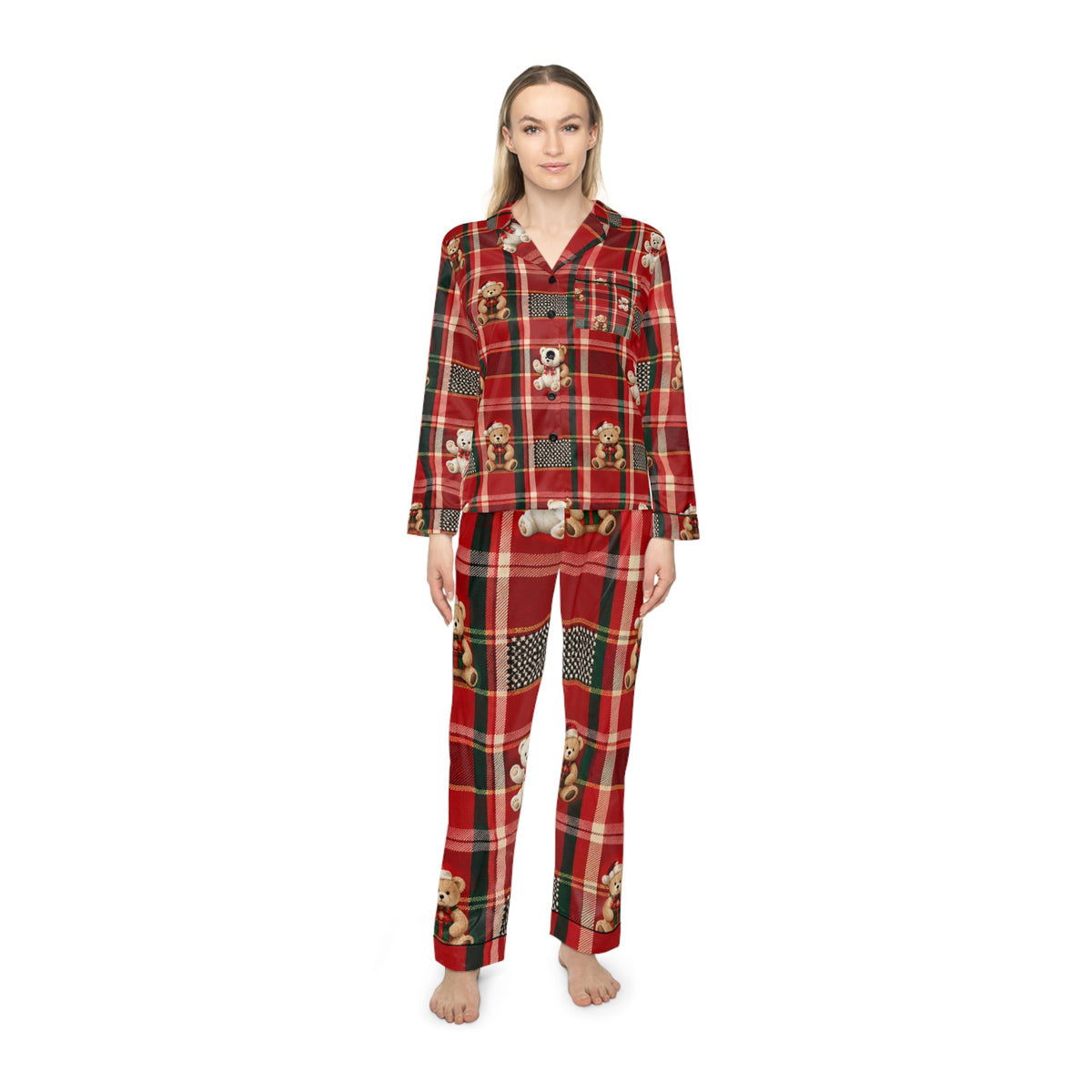 Women’s Satin Pajama Set — Red Plaid Teddy Bear Christmas Sleepwear