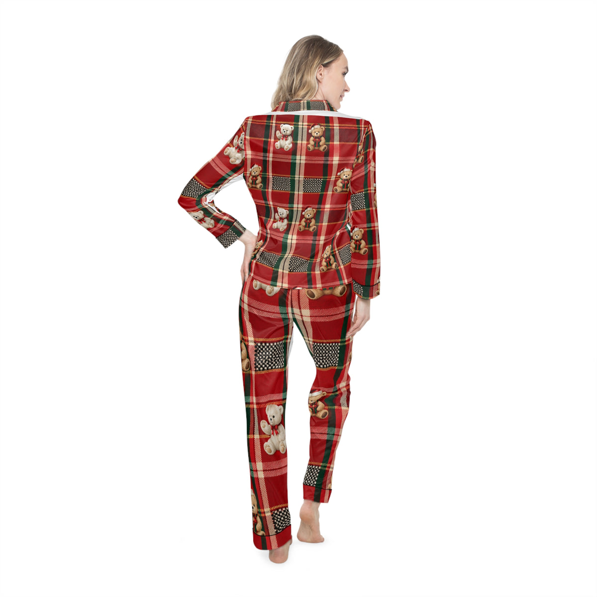 Women’s Satin Pajama Set — Red Plaid Teddy Bear Christmas Sleepwear