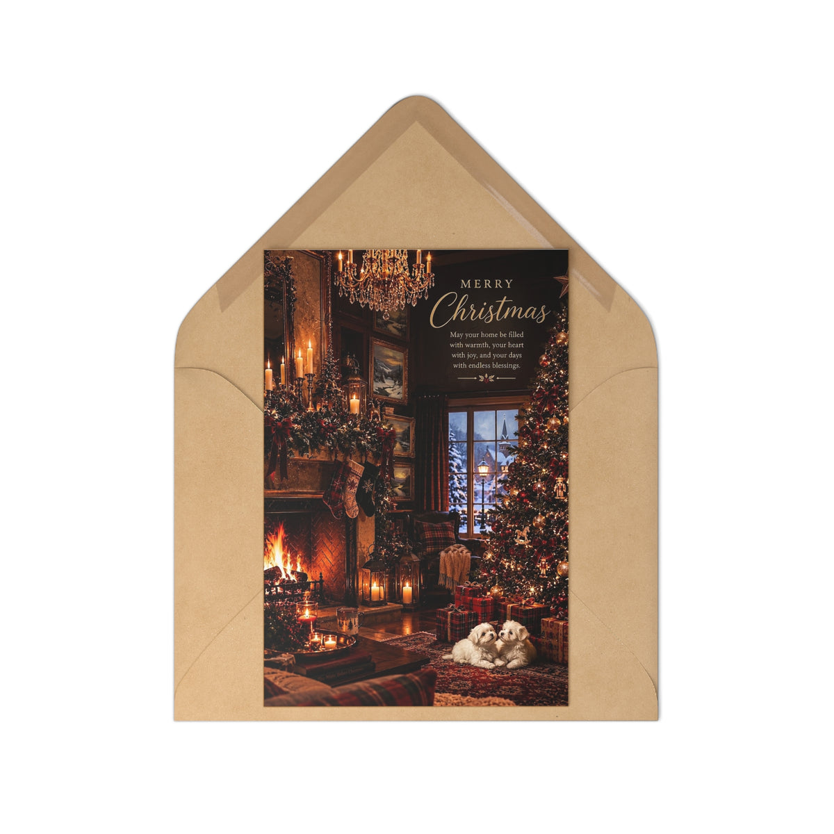 Christmas Postcards - Puppies at home with Cozy Fireplace & Tree Holiday Greeting Cards (7 Pack)