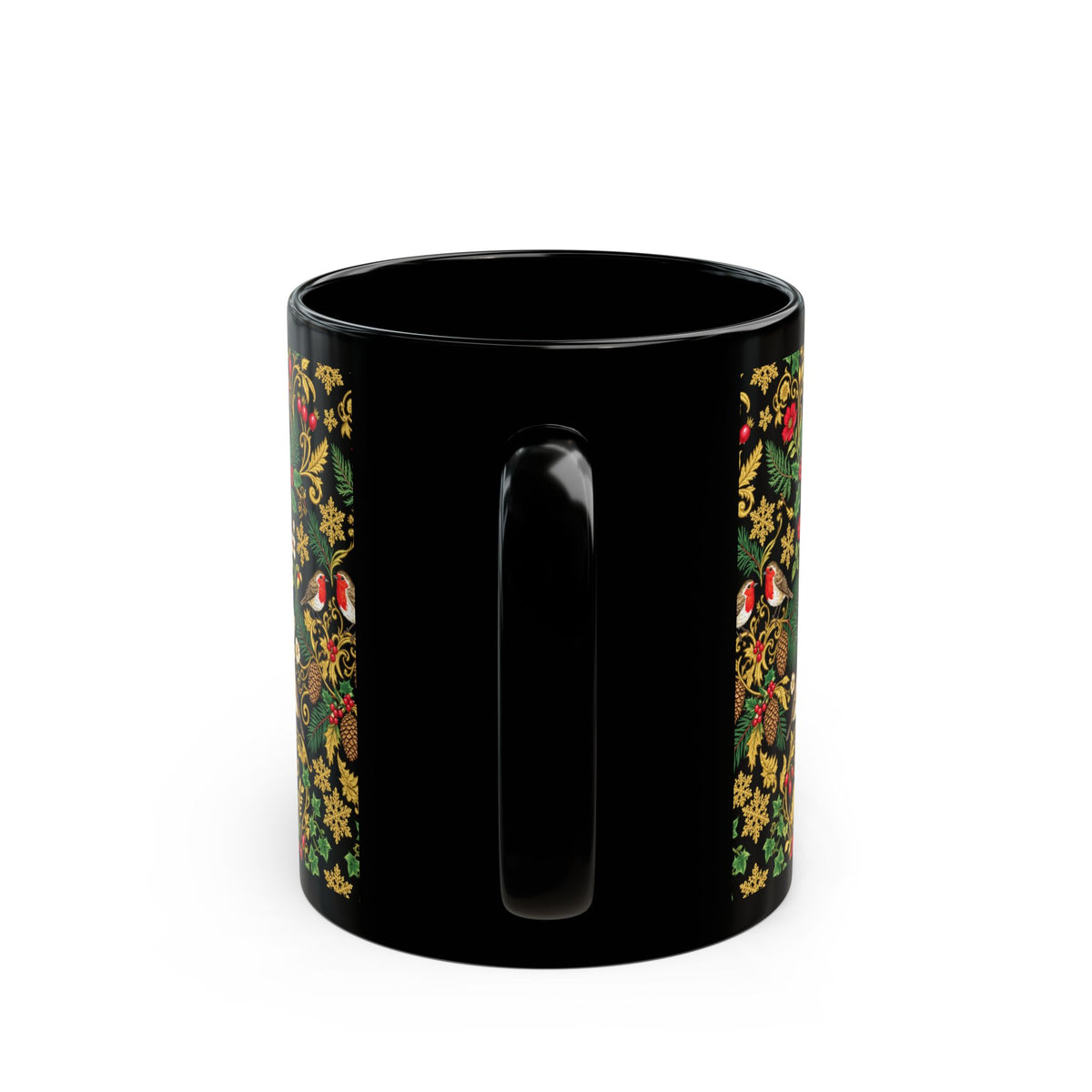 Festive Floral Robin Pattern Mug — Black Holiday Coffee Cup (11oz & 15oz)