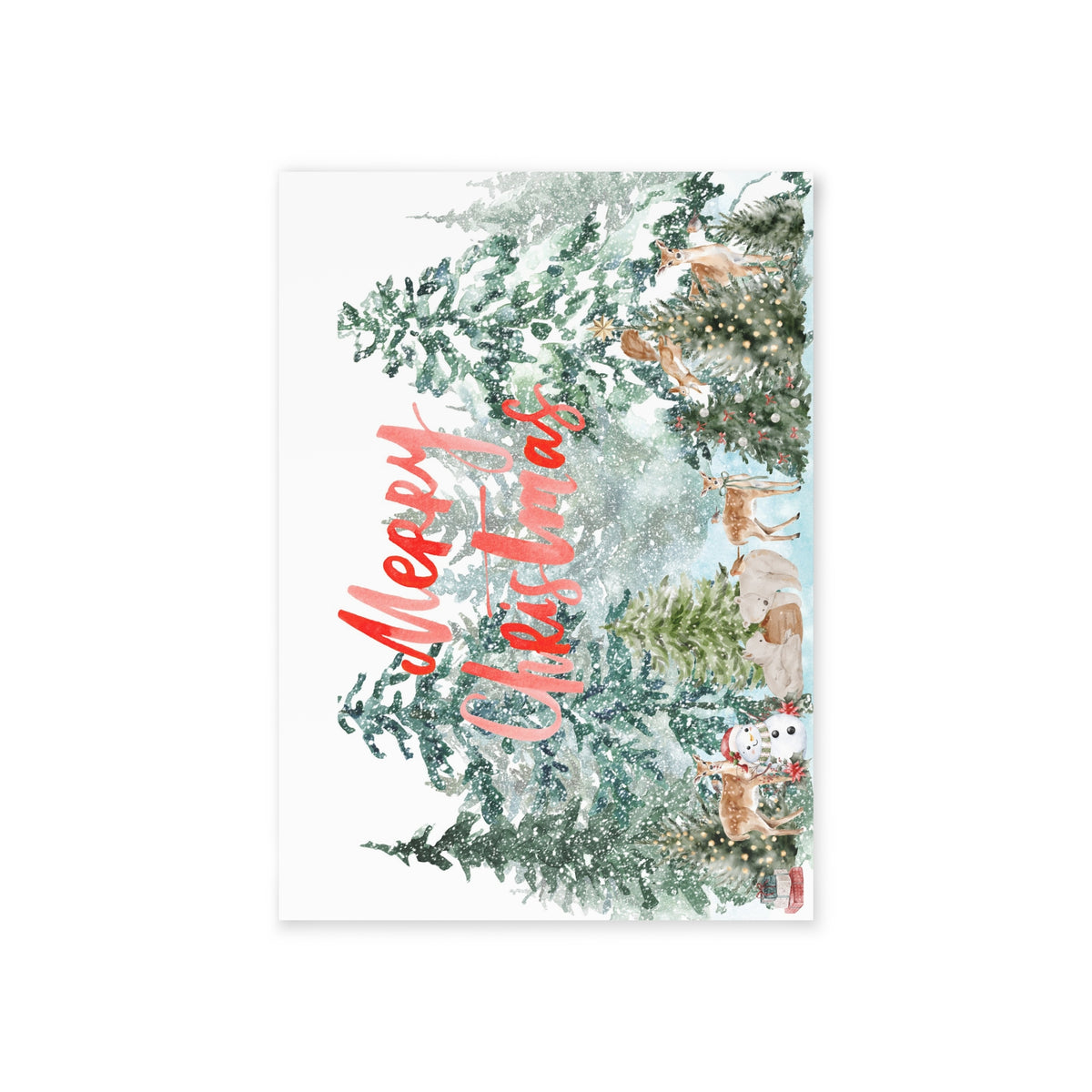 Merry Christmas Forest Scene Holiday Card — Watercolor Deer & Snow