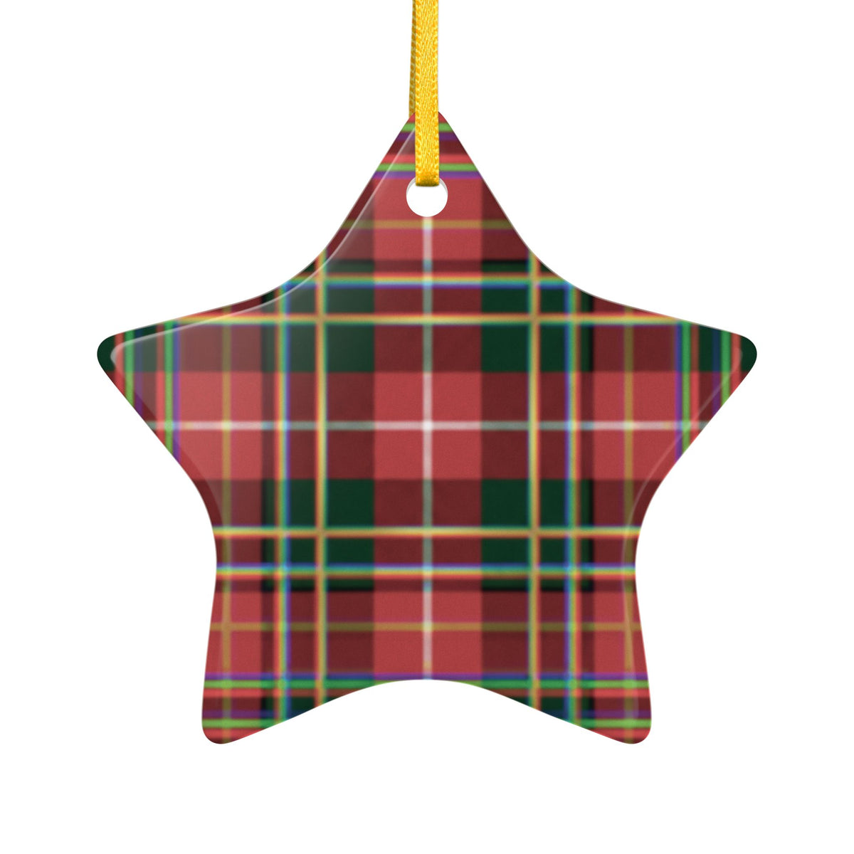 Red Green Plaid Star Ceramic Ornament — Classic Holiday Tartan Decoration