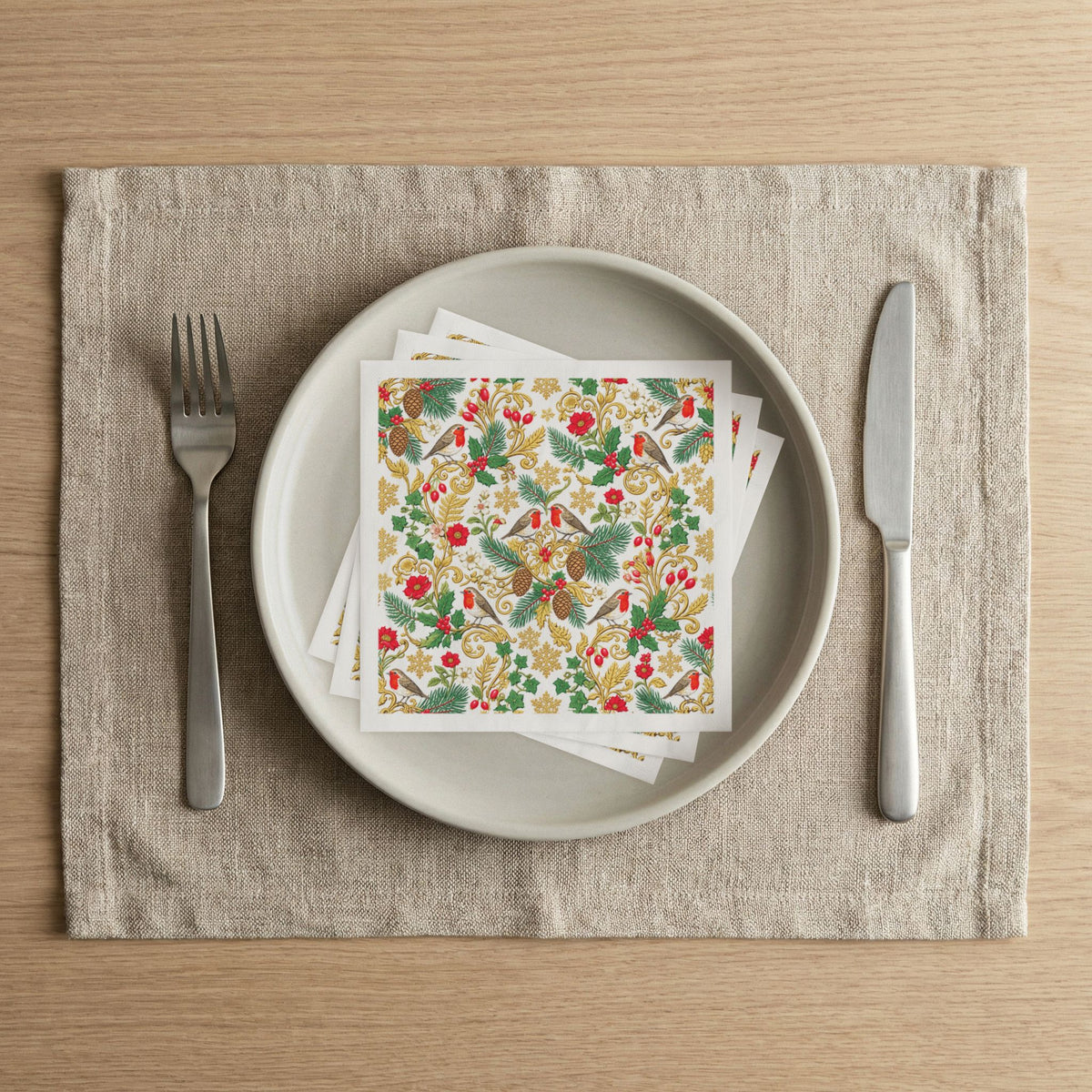 Holiday Robin Napkins — Festive Floral Christmas Cocktail Napkins