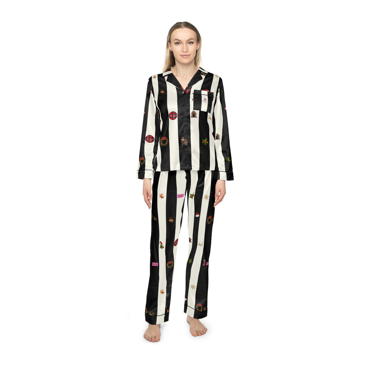 Striped Satin Pajama Set — Black & White Holiday Icons