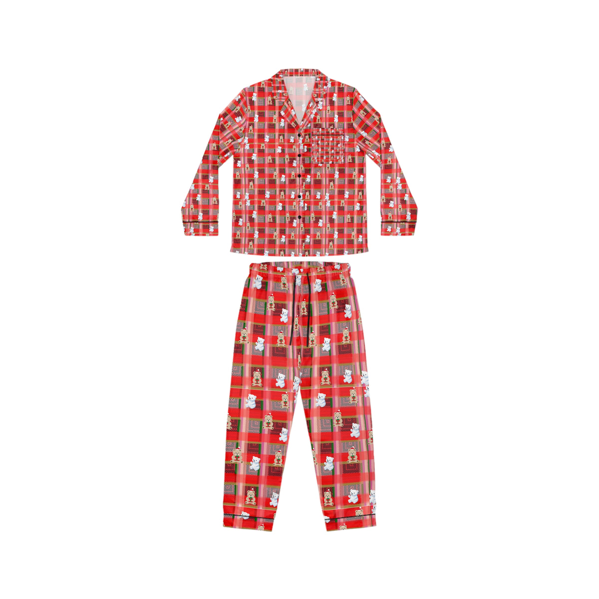 Women's Satin Christmas Plaid Pajama Set – Red Holiday Sleepwear with Santa Pattern
