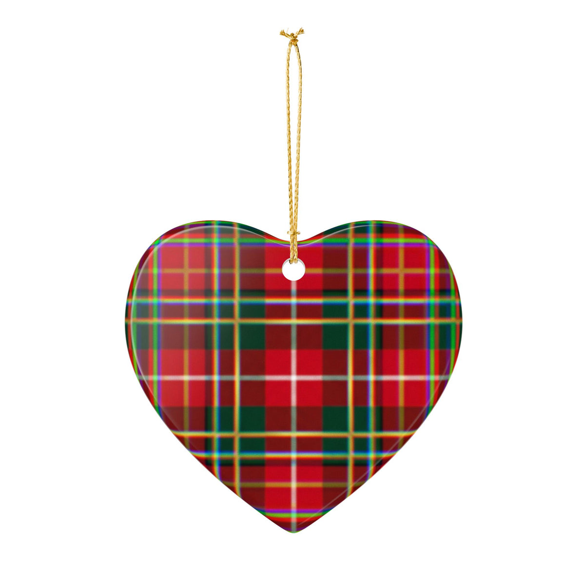 Red Tartan Heart Ceramic Ornament — Plaid Christmas Tree Decoration