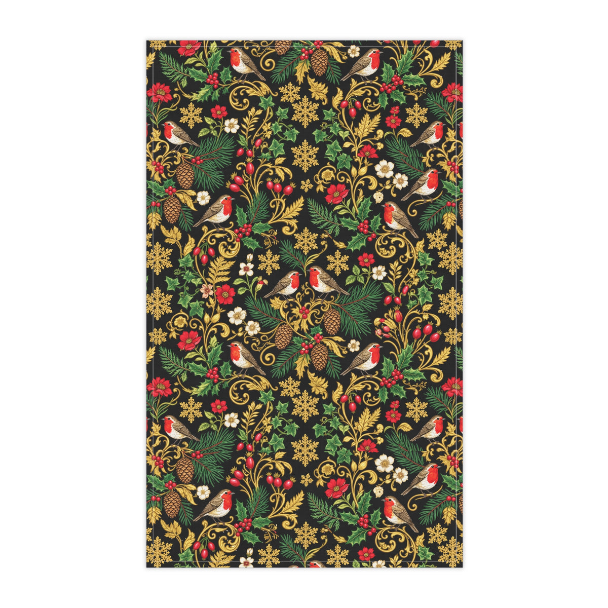 Festive Robin & Pine Holiday Tea Towel