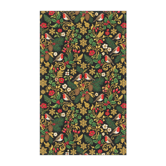 Festive Robin & Pine Holiday Tea Towel