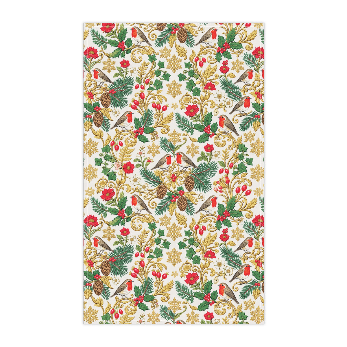 Holiday Botanical Tea Towel — Festive Cardinals, Pine & Gold Floral Kitchen Towel