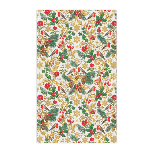 Holiday Botanical Tea Towel — Festive Cardinals, Pine & Gold Floral Kitchen Towel