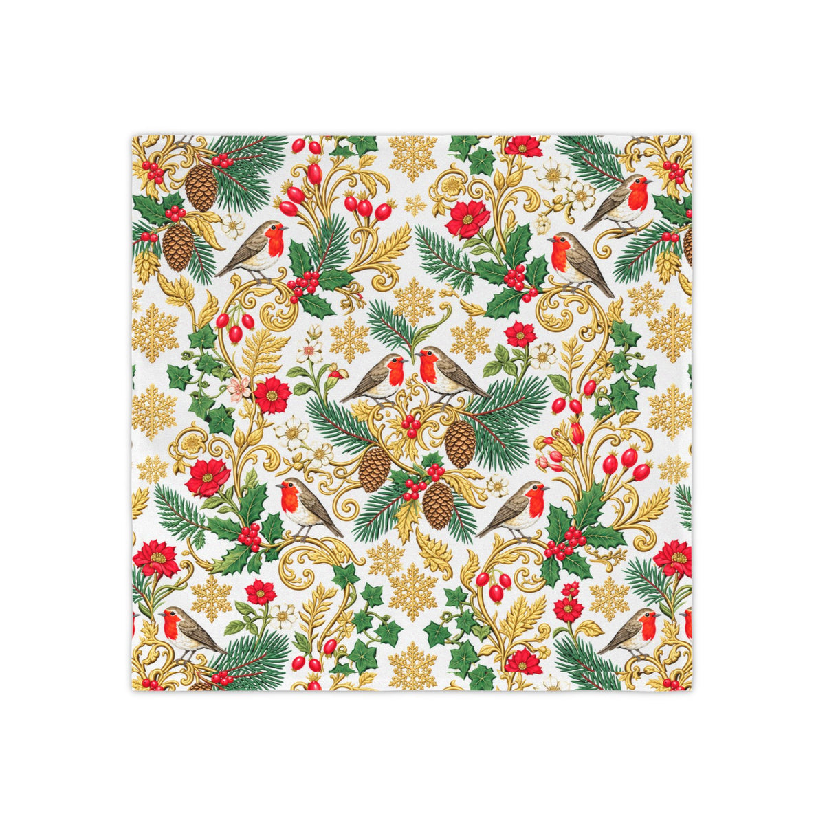 Holiday Robin & Pine Napkins — Set of 4 Christmas Cocktail Napkins