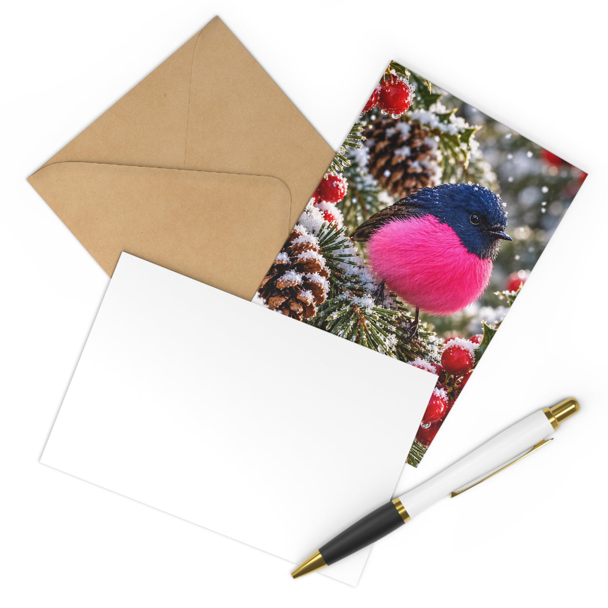 Winter Bird Postcard Set (7 pcs) — Pink-Cheeked Robin Holiday Cards