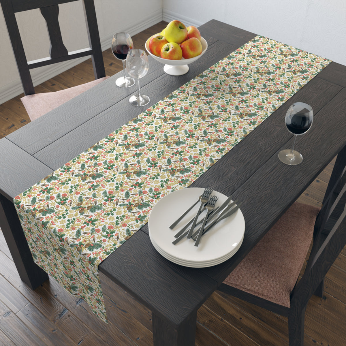 Vintage Botanical Table Runner — Floral Holiday Dinner Accent