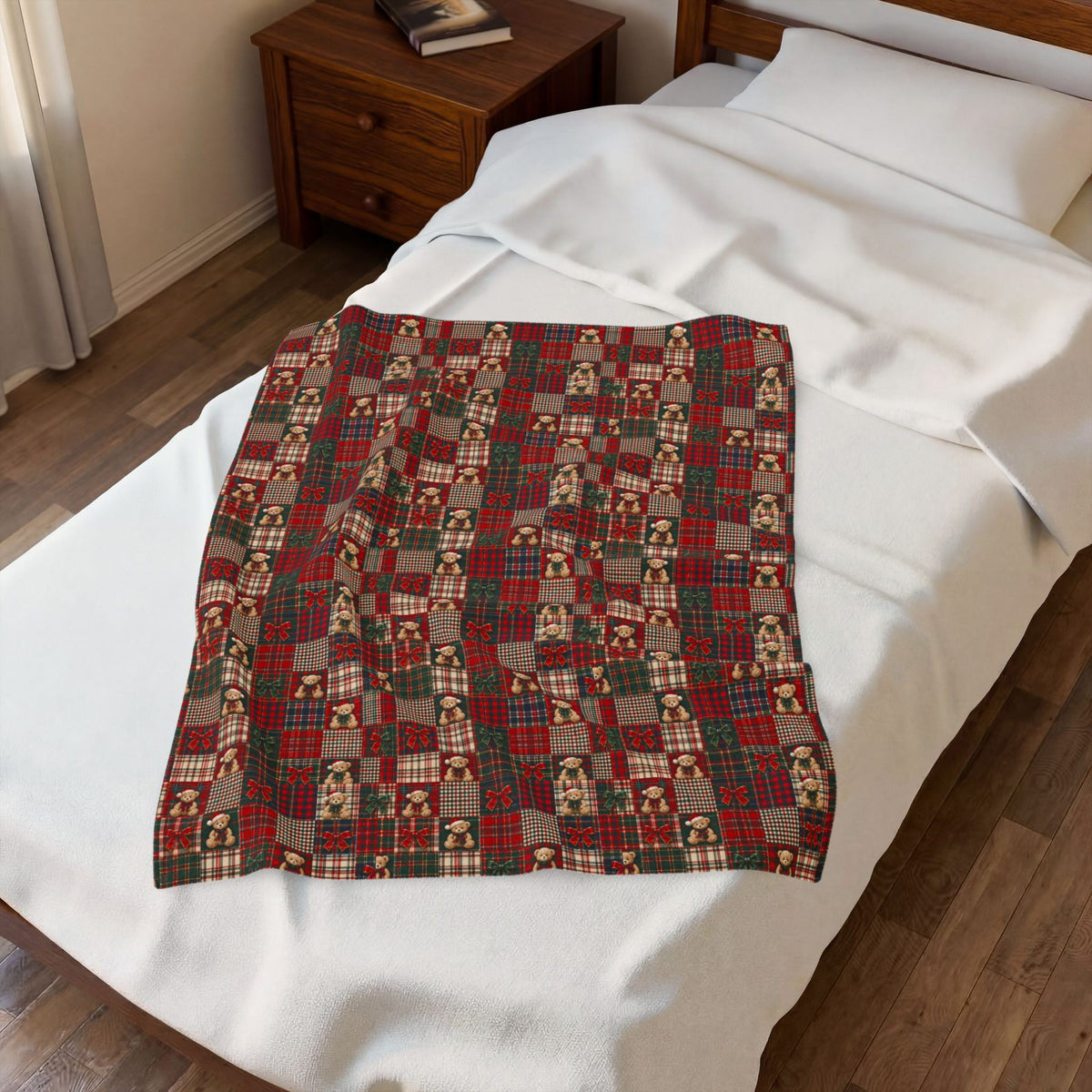 Plaid Teddy Patch Velveteen Plush Blanket — Cozy Christmas Cabin Throw