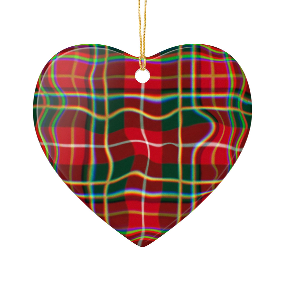 Red Tartan Heart Ceramic Ornament — Plaid Christmas Tree Decoration