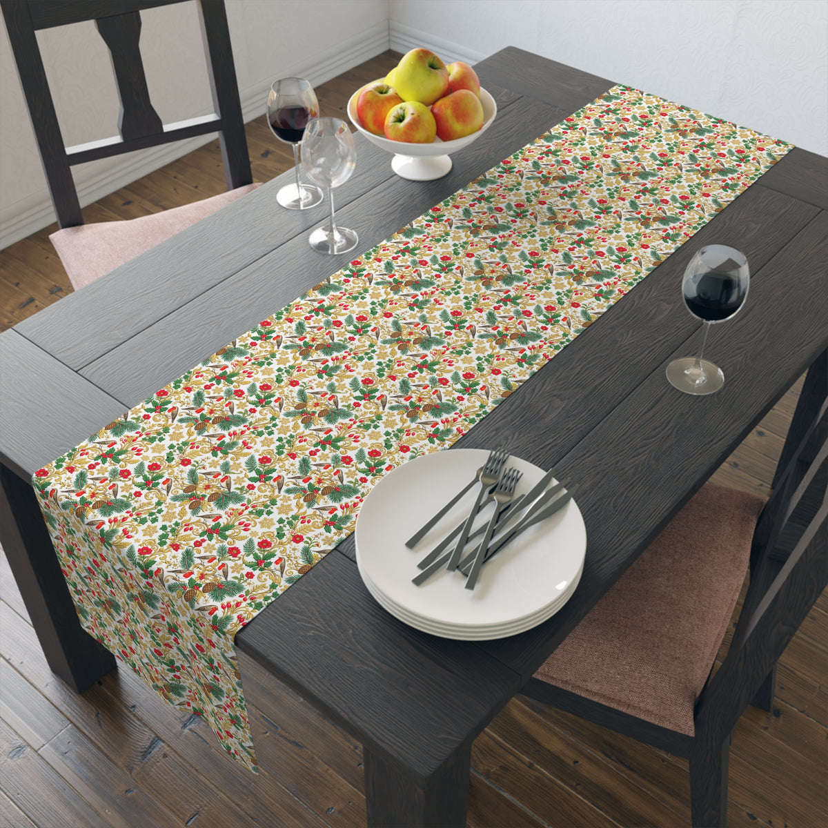 Vintage Botanical Table Runner — Floral Holiday Dinner Accent