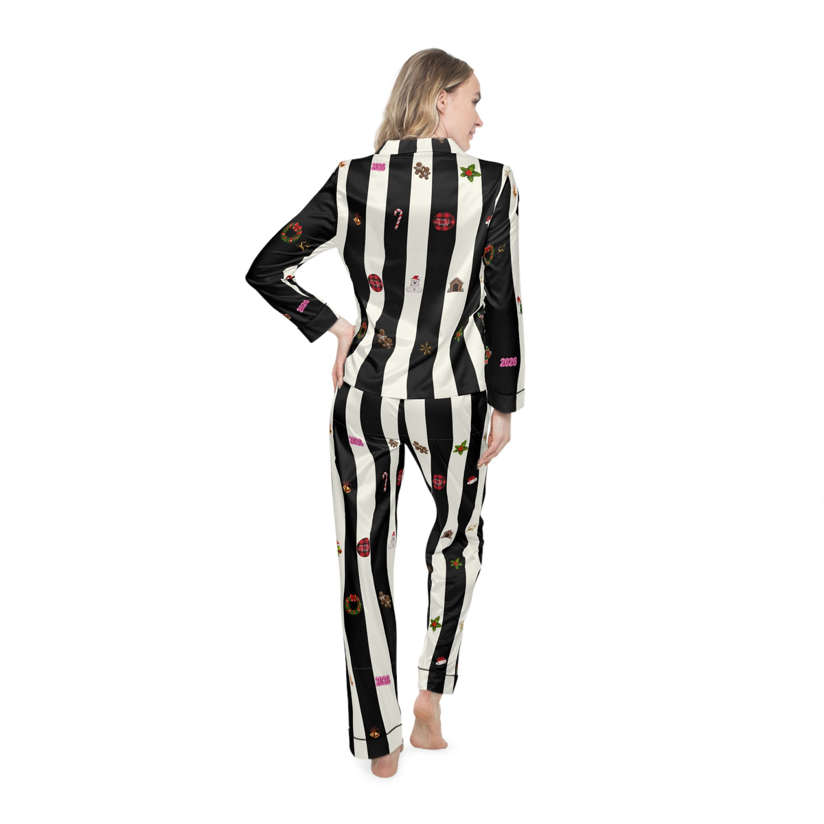 Striped Satin Pajama Set — Black & White Holiday Icons
