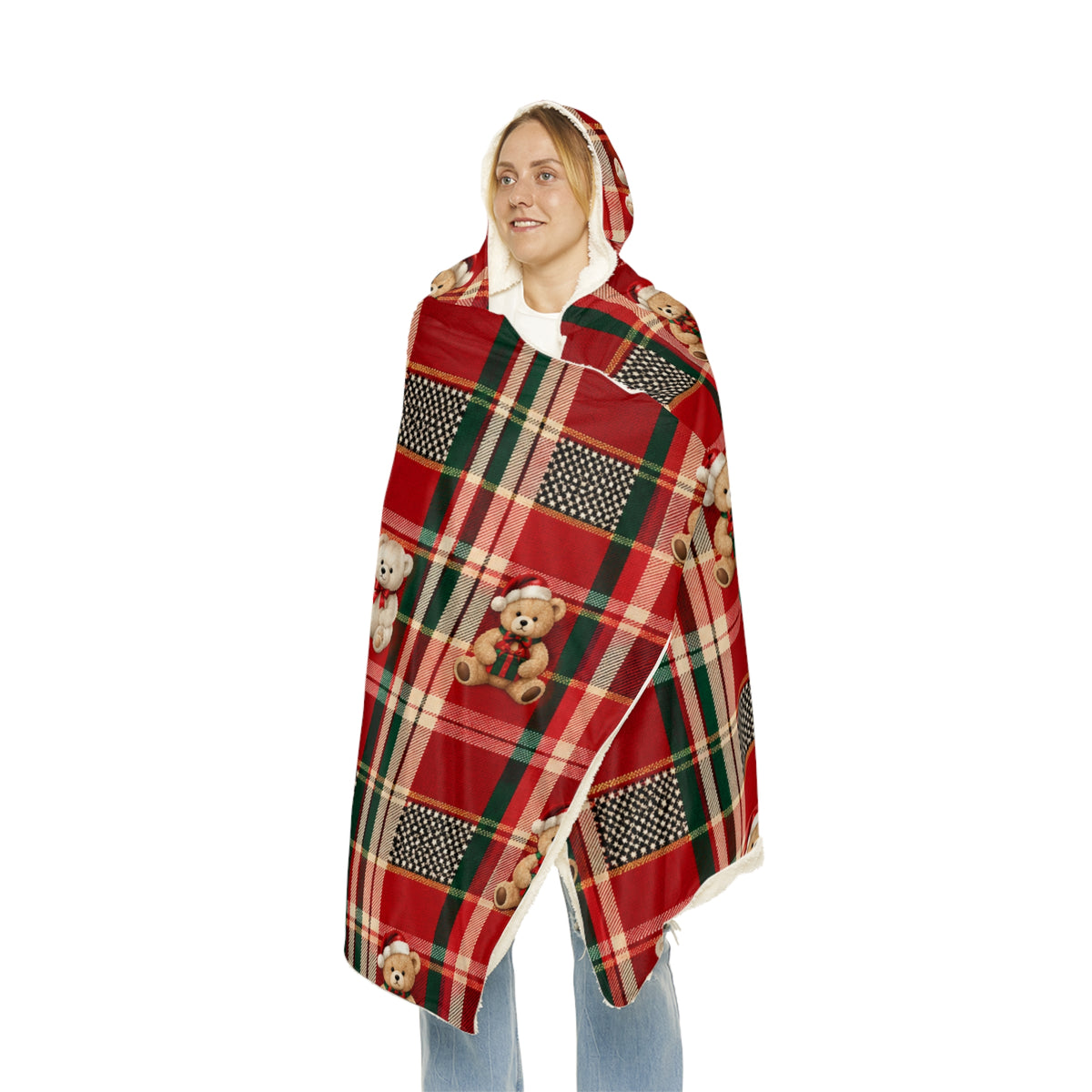 Holiday Plaid Teddy Bear Snuggle Blanket – Hooded Cozy Throw for Kids & Adults