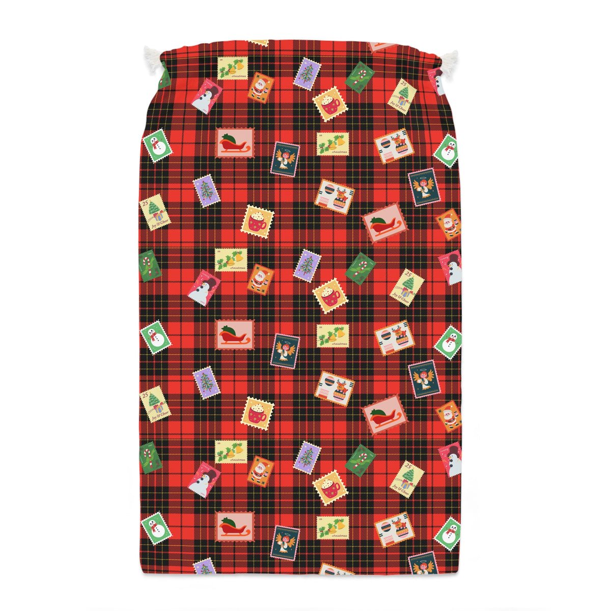 Christmas Gift Sack — Red Plaid Santa Postcard Drawstring Bag